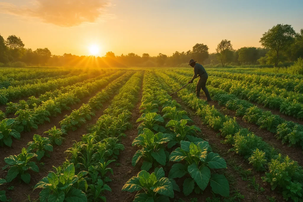 Regenerative Agriculture: Supercharging India's Soil in 2025 2 A lush green regenerative agriculture with healthy soil, diverse crops, and a farmer working under the sunrise.