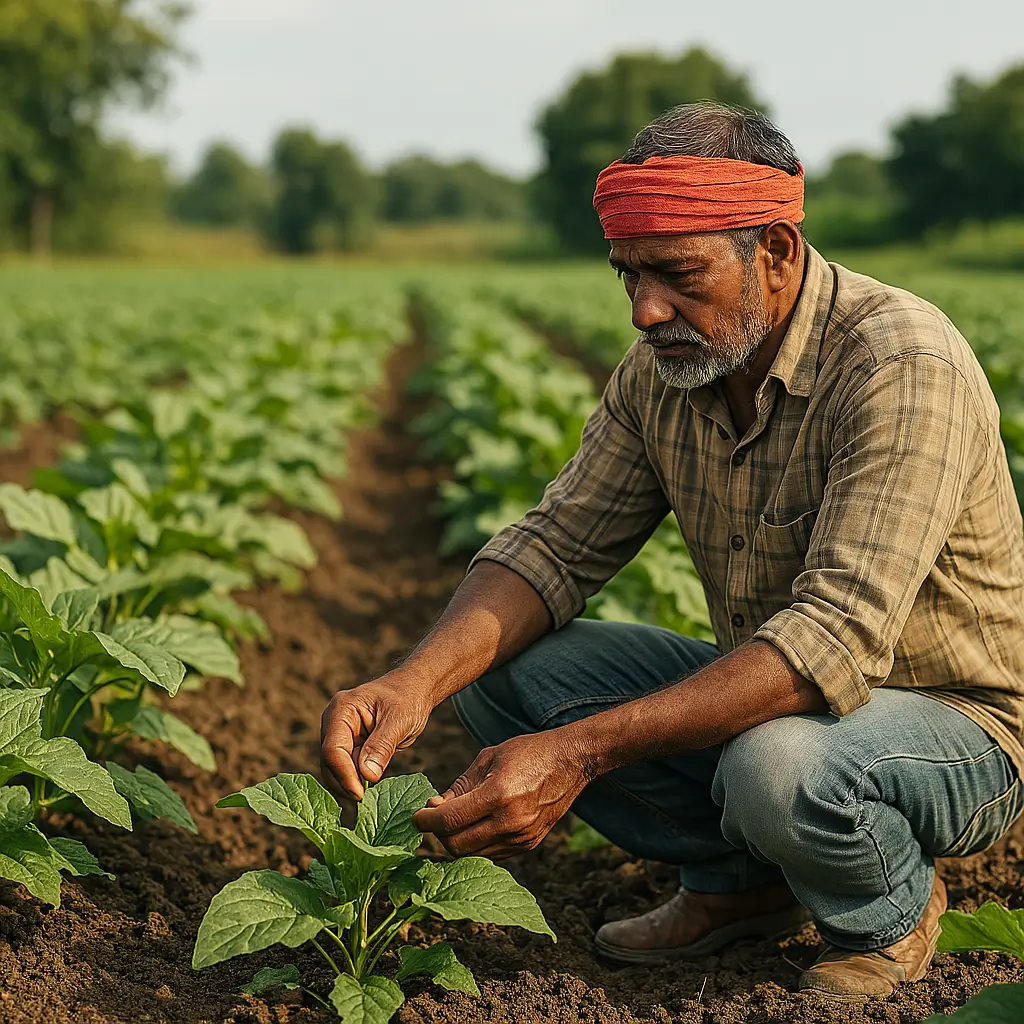 Regenerative Agriculture: Supercharging India's Soil in 2025 4 A middle-aged farmer inspecting his organic crops in a healthy, green regenerative farm